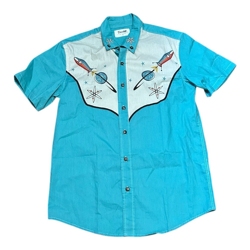 Boozelele Retro 100% Cotton Atomic Rocket Bowling Shirt Mens Small